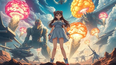 An incredibly powerful Anime Girl stands at the center, a creation inspired by the styles of Hideaki Anno, Katsuhiro Otomo, and Rumiko Takahashi. This movie poster showcases her as the focal point in an epic box office hit, a true masterpiece of storytelling. Surrounding her, giant monsters and formidable mech creatures are locked in intense combat, their clashes causing nuclear explosions to illuminate the sky with brilliant colors. The scene is captured in stunning detail, as if in breathtaking 8k resolution. The overall composition highlights the dramatic intensity and vibrant energy of this fictional world, blending creativity with homage to its inspirational roots.