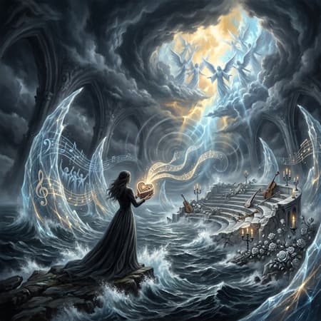 Woman Conjuring Music In Stormy Ocean Cathedral A majestic symphonic fantasy concept art image of a woman standing on the edge of a black ocean beneath a cathedral of storm clouds. The song should appear as visible orchestral power: enormous translucent sound waves rise from the sea like glass tidal walls, each wave etched with glowing musical notes, choir symbols, violin lines, and drumbeat patterns. Behind the woman, a ruined marble stage emerges from the water, covered with broken harps, burning candles, and silver roses trembling from bass resonance. The sky splits open into radiant gold and icy blue light, shaped like a heavenly choir frozen in a crescendo. Her long dark dress moves upward from the sonic pressure, while her hands hold a glowing heart shaped music box leaking streams of sheet music into the wind. The mood should feel tragic, grand, romantic, and overwhelming, balancing beauty and devastation. Use epic scale, cinematic lighting, painterly realism, detailed ocean spray, sacred architecture, visible resonance rings, emotional intensity, and the feeling of an entire symphony becoming a storm around one lonely soul.