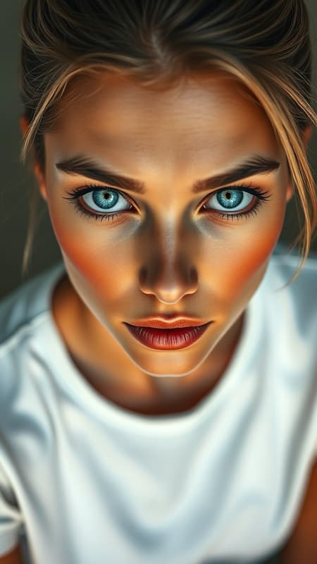 Close-up portrait of a stunning model with striking blue eyes, dressed in a simple white t-shirt, captured in photorealistic detail with high contrast and 8k HD resolution. The image showcases intricate skin texture and boasts the best quality in ultra high resolution. The dramatic lighting enhances the realism, as if rendered in a cutting-edge graphics engine. The focus is on the model's gaze, while maintaining clarity and vibrancy. The composition avoids any low-quality features or distracting elements, ensuring a clean, professional finish without any additional enhancements or inappropriate content.