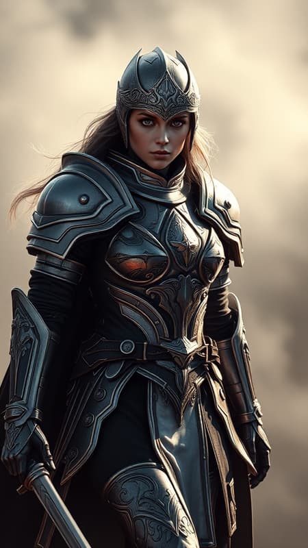 Full body walking pose in slow motion of a female paladin wearing intricately detailed armor, showcasing a sense of strength and grace. Her face and eyes are vivid and expressive, capturing a photorealistic quality in an 8k masterpiece inspired by the styles of Jeremy Mann, Sandra Chevrier, and Maciej Kuciara. The image is sharp and realistic, with authentic shadows creating depth in a high-quality 3D render. The scene exudes a sense of ethereal beauty, with a slight haze adding to the mystical atmosphere. Monochrome elements accentuate the paladin's form, emphasizing the design and craftsmanship of her armor without distractions, ensuring clean visuals free from blur and imperfections.
