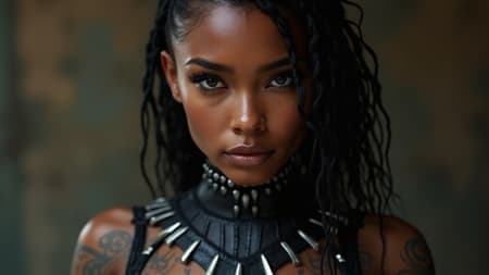 Female cosplaying as Black Panther, adorned with intricate tattoos, gazing directly at the viewer, capturing a detailed portrait with the realism of photography. Her skin is rendered with striking clarity, in an 8k detailed, photo-realistic quality. The scene is set in a full-length frame, showcasing high-detail RAW colors. The lighting is softly diffused, creating a cinematic ambiance with a shallow depth of field for a sharp, focused appearance. The portrait exudes hyperrealism, blending elements of 3D modeling, with subtle hints of cartoon and anime influences. Despite realistic skin textures, minor imperfections like skin spots and blemishes add authenticity. Her piercing gaze is complemented by a muscular physique, maintaining a sense of strength and intensity.