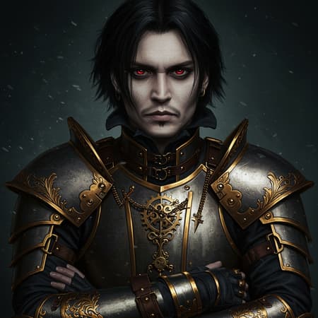 Steampunk inspiration featuring a character with striking red eyes and sleek black hair, reminiscent of a young Johnny Depp with a perfectly symmetrical face. The scene is captured in an extremely detailed, ultra HD, 8k cinematic shot with dramatic studio portrait lighting that illuminates the face subtly. This full-body portrayal showcases intricate steampunk armor, exuding a sense of adventure and mystery. The composition highlights the character's enigmatic aura without any distractions or imperfections, ensuring a captivating visual. The atmosphere is one of intrigue, drawing the viewer into a world where past and future collide in a harmonious blend of fashion and fantasy.