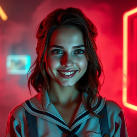 A professional photograph captures Anya Taylor-Joy impersonating a character with a preppy schoolgirl uniform, featuring olive skin and a flawless complexion. Her captivating smile is enhanced by a neon-lit, smoky backdrop with swirling mists of volumetric fog. The setting exudes an air of hyperrealism, with indirect lighting casting soft highlights and shadows on her impeccably detailed features. The composition is both breathtaking and mesmerizing, captured in stunning 8k ultra-high definition, where every intricate detail is vividly brought to life.