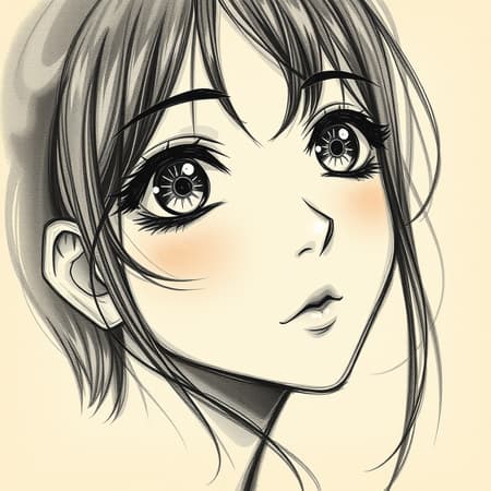 A dreamy sketch of a female face with expressive eyes, blending the whimsical anime aesthetic with the textural exploration of the Pont-Aven school. Featuring masterful and heavy shading, the composition is infused with a cute and dream-like aura, while drawing inspiration from the Barbizon school's focus on nature. The artistry invites a sense of depth and allure, encapsulated in an elongated, vertically oriented format.