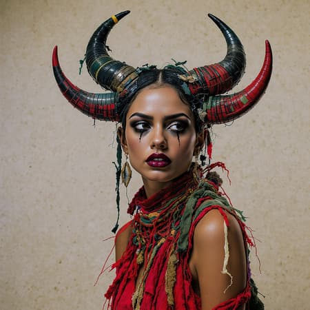 A vibrant portrait of a woman artfully posed with sculptural horns adorned on her head, blending the innovative craftsmanship reminiscent of Brian Jungen with the high-fashion photography style of Steven Meisel. The image features a unique interplay of textures and materials, highlighting a juxtaposition of natural and synthetic elements. The woman's expression is both fierce and contemplative, set against a minimalistic backdrop that accentuates the boldness of her pose. The color palette is rich and dynamic, with subtle earthy tones interspersed with flashes of vivid color, maintaining a raw and unfiltered aesthetic. The composition emphasizes an elongated frame, enhancing the avant-garde and transformative essence of the scene.