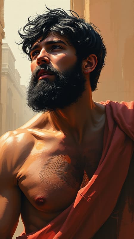 Adam the first man, with deep red skin and short black hair, depicted in a biblical and gospel-inspired scene, blending digital painting, watercolor, and oil techniques. The artwork is painterly, drawing influence from masters like Jeremy Lipking, Antonio J. Manzanedo, Alphonse Mucha, Fuller Graves, Bartolome Esteban Murillo, JC Leyendecker, Craig Mullins, and Peter Paul Rubens. It incorporates detailed, photorealistic elements, infused with the expressive style of CGS entivity. Presented in high definition on ArtStation, this official art piece exemplifies the latest trends, achieving 8k resolution with remarkable detail and concept art finesse.