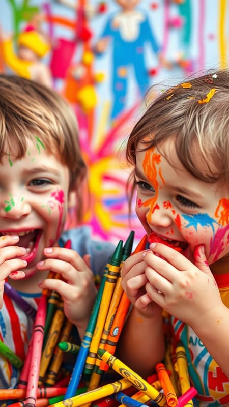 Children gleefully munching vibrant crayons, their faces smeared with a rainbow palette, set against a lively background of playful chaos in vivid colors, capturing the innocence and mess of childhood in a vibrant scene.