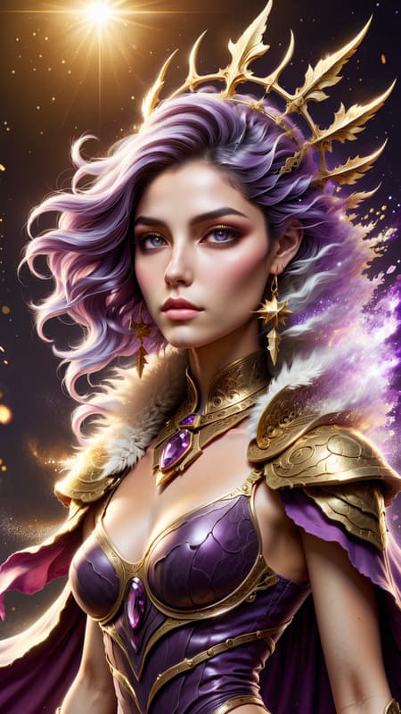 feminine female, young woman. Queen. Sci-Fi, 
 Otherworldly, ethereal, magic, healer, telepath. Tall, statuesque, strong, fit. Shoulder length loose curls, swept back and side parted. Shiny burnt maroon colored hair, a golden star like headdress with amethyst gems sits on the right side of her head, spiraling up from her ear. Beautiful, serene face with lilac colored eyes, long lashes, and make-up in various shades of magenta and lavender. A metallic gold collar with an amethyst gem sits on her neck. She wears a metallic gold minidress, scooped out at the shoulders. The bottom half is tiered, with a side split for one leg to show. A belt of gold with a glowing amethyst at the center signifies her power as a healer and telepath. Metallic gold arm length gloves to match her dress. On her feet, metallic gold gladiator sandals with high heels, the straps reaching up to just below the knees. The outfit is completed by a short diaphanous cape in purple and gold, the purple at the top half, the gold on the bottom of the cape. The collar of the cape is lined by white faux fur, and hooks to the dress with a golden brooch with amethyst gems on both sides. Full body pose. Her aura is golden light, signifying her alignment with goodness and light. 