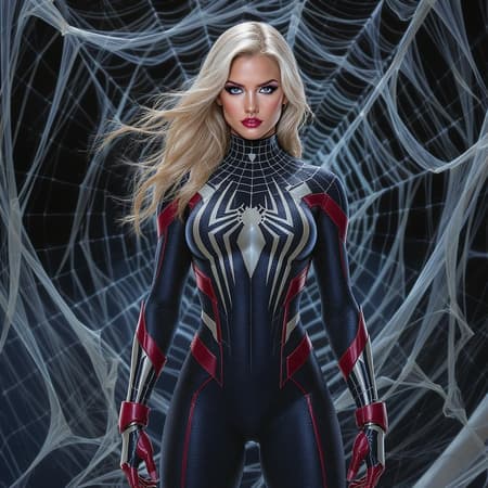 Sydney Sweeney as a dynamic and athletic Spider-Woman, donning a sleek Spider-Man-inspired costume, captured in a full body shot. Her face is intricately detailed, with expressive eyes and a strikingly beautiful, real appearance, highlighting her fitness physique. Her costume showcases a meticulously designed spider logo, exuding a highly detailed craftsmanship. The digital painting is smooth and in sharp focus, evocative of concept art found on ArtStation. This illustration is infused with the artistic styles of Artgerm, Greg Rutkowski, and Alphonse Mucha, set against a backdrop of intricate spider webs, merging elegance with strength. Sydney Sweeney as a dynamic and athletic Spider-Woman, donning a sleek Spider-Man-inspired costume, captured in a full body shot. Her face is intricately detailed, with expressive eyes and a strikingly beautiful, real appearance, highlighting her fitness physique. Her costume showcases a meticulously designed spider logo, exuding a highly detailed craftsmanship. The digital painting is smooth and in sharp focus, evocative of concept art found on ArtStation. This illustration is infused with the artistic styles of Artgerm, Greg Rutkowski, and Alphonse Mucha, set against a backdrop of intricate spider webs, merging elegance with strength.