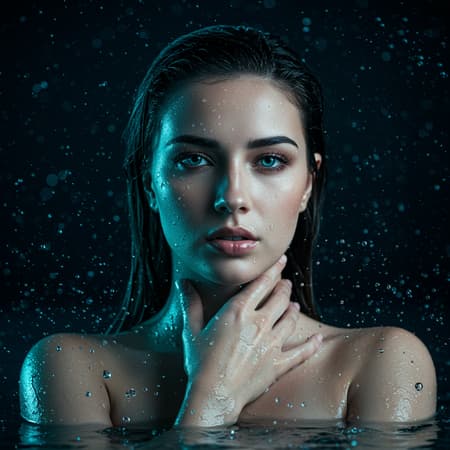 Beautiful Woman Beautiful woman composed of shimmering water, realistic fantasy art, hyper-detailed, photo-realistic eyes, dynamic water splashes, mysterious lighting, 8k resolution, UHD, HDR, model inspired by Dark Sushi 25D, flawless features, harmonious proportions, captivating gaze, elegant neck, perfect fingers, seamless hands, clear focus, full frame, sharp details, pristine quality, without distortions or interruptions, free of logos or text, cohesive and unified composition.