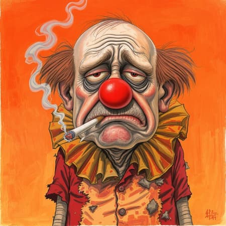 An amusing caricature of a bedraggled clown character, a 45-year-old male with a messy, grumpy demeanor, his elongated face marked by a prominent, bulbous nose and deep-set, droopy eyes, accentuated by a prominent chin. His lanky body exudes tiredness, and a disgruntled expression dominates his features. The clown is clad in a crumpled orange collar and a tattered red shirt, with a lit cigarette perpetually hanging from his mouth. He is caught in a slouched pose against a lively orange background, which swirls with wisps of smoke. An amusing caricature of a bedraggled clown character, a 45-year-old male with a messy, grumpy demeanor, his elongated face marked by a prominent, bulbous nose and deep-set, droopy eyes, accentuated by a prominent chin. His lanky body exudes tiredness, and a disgruntled expression dominates his features. The clown is clad in a crumpled orange collar and a tattered red shirt, with a lit cigarette perpetually hanging from his mouth. He is caught in a slouched pose against a lively orange background, which swirls with wisps of smoke.