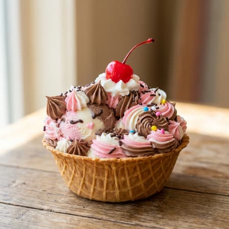 Adorable Cat Dessert In Waffle Bowl Close-up of a photorealistic dessert in a waffle bowl, shaped like a sleeping cat made of colorful frosting. The cat has pink, white, and chocolate brown frosting swirls, with delicate facial features and small paws. A glossy red maraschino cherry with a stem sits atop its head, nestled in a dollop of white frosting. Vibrant sprinkles in various colors (blue, yellow, pink, white) adorn the chocolate frosting. The waffle bowl is golden brown and textured. The background is a soft, out-of-focus blur of warm, neutral tones, suggesting a wooden table and a bright, airy setting. Soft, natural lighting highlights the dessert, creating a cheerful and inviting mood.