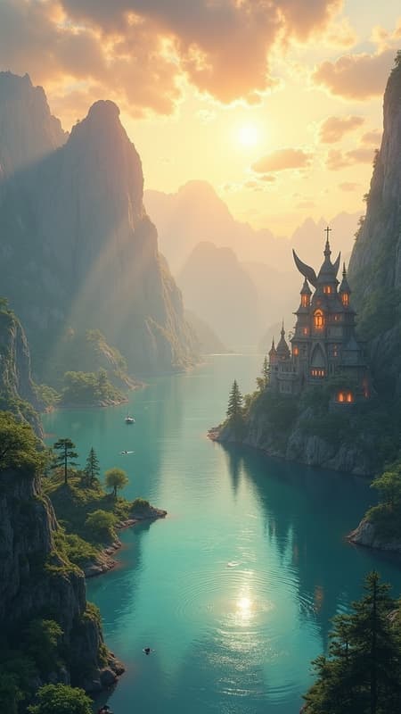 Fantasy Castle On Fjord At Sunrise An ethereal fantasy landscape, photorealistic digital painting. Majestic fjord with steep, mist-shrouded mountains under a vibrant sunrise. Ornate, organic-shaped buildings with glowing windows nestled into lush green islands. A colossal whale tail and winged angel statue rise from one island. Turquoise, crystal-clear water with small boats and floating lanterns. Golden hour sunlight streams through the clouds, creating a warm and magical atmosphere. Sunbeams, volumetric light, birds in flight. Intricate details, high resolution.