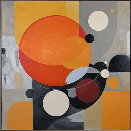 Abstract realism painting featuring a dynamic interplay of orange and grey tones, utilizing modern brush techniques influenced by Bauhaus functional design, enriched with soft yellow and deep red hues. The composition incorporates circular shapes with a nod to the distinctive style of Dmitry Spiros, blending elements of abstract sculpture within its layered and intricate structure. The masculine neo-cubism essence is emphasized, offering a complex visual narrative.