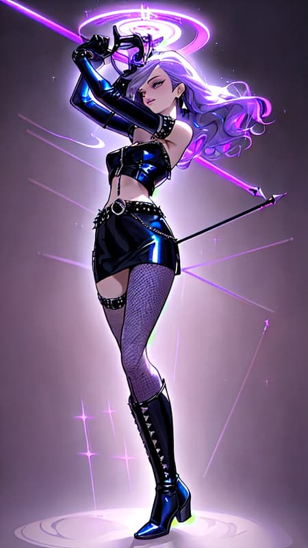 Futuristic Sci-Fi, a living hologram. Alien Punk/New Wave Rock star. She sparkles and glitters as light passes through her. Feminine female, Caucasian. Tall, strong, beautiful, ethereal yet edgy. Medium shoulder-length hair, dark Violet with periwinkle and lilac highlights, swept back on one side and wildly spiky and curly, falling over one eye on the other side. Beautiful model face, high cheekbones, silver/grey eyes with plenty mascara and eyeliner, different shades of shimmering eyeshadow on each eye. Crystal spear earrings in each ear. Shimmering violet lipstick. Metallic dark blue long sleeved shirt, form fitting with zippers extending from shoulders. Shiny black shoulder pads, black leather bracers on arms. Black studded leather belt around her waist, glowing Violet circle as the belt buckle. Metallic dark blue miniskirt, black fishnet stockings. Stilleto knee-high boots, metallic dark blue. She carries and plays a synth-guitar, you can see the sound waves from it and her voice. Full body pose. 