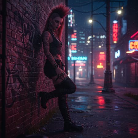 Body Portrait A full body portrait of a cyberpunk woman leaning against a brick wall adorned with graffiti in a neon-lit cyberpunk city street at night. City lights reflect off her many rings and ear piercings, casting intricate patterns. She has long, flowing hair and a symmetrical, detailed face, accentuated by dramatic chiaroscuro and rim lighting. Her eyes are reflective, surrounded by striking makeup. The woman, with a scowl and distinct punk style, wears long sleeves and bracelets, her muddy boots planted firmly on the ground. The scene captures an impressionistic, professional quality reminiscent of the works by Waterhouse, John Constable, Studio Ghibli, and trending artists on ArtStation and CGSociety, blending realism with the fantastical elements of cyberpunk. The atmosphere is further intensified by the presence of city lights and the subtle glow of the moon and stars above, creating a high-detail, dramatic visual narrative.