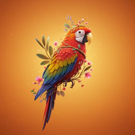 An abstract 3D parrot shape intertwines with vibrant foliage and delicate flowers, casting a soft, luminous glow against a warm, sunset-orange backdrop, adding a whimsical touch with subtle iridescent highlights.