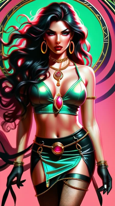 Tarot Card reader, Irish Gypsy, psychic. Model. Feminine,Caucasian woman of Irish heritage. Tall, strong, fit, lithe, slender but shapely. Sensuous. Long black layered hair, side parted with loose curls cascading over one eye, with one long red streak on that side. Thin gold circlet band around her forehead. Pretty face with green eyes {{mint green eyes}} and long lashes, giving that knowing look. Glossy ruby lips. Fair skinned. Delicate gold necklace with Celtic amulet around her slender neck, small golden hoop earrings in her ears. Black spandex crop top with scooped out neck and long sleeves, a hot pink mini-vest over top of it. Gold bangle bracelets on her wrists. Black leather designer belt with a golden ring buckle around her waist. Form fitting and higher on one side knee length skirt, hot pink and slit down one side. Black fishnet stockings on her shapely legs. High heeled black stiletto shoes, with straps around her ankles. Full body pose, Tarot cards flying through the air, signifying her psychic powers. 
