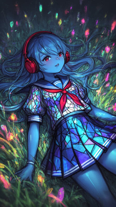 Ray tracing lighting effects. Blue skinned anime girl wearing a stained glass sailor uniform, laying in a field full of neon, wearing red headphones. Gritty smudging sketch style, wispy ethereal features. Incredible dramatic lighting, concept art, masterpiece, visually stunning incredible artwork
