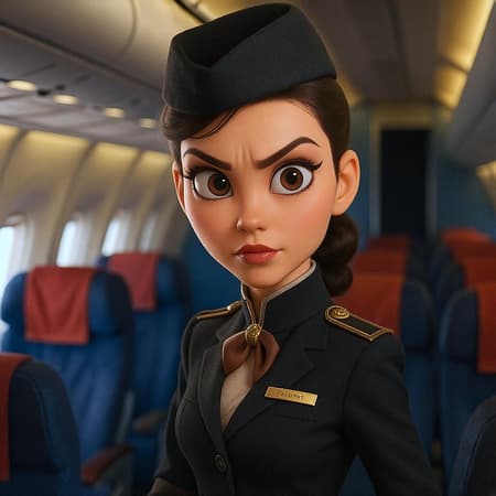 A dynamic female flight attendant with a sleek uniform and sophisticated hairstyle, her expressive large eyes conveying a sense of urgency, set against the detailed backdrop of an airplane cabin. Her features echo the charm of Pixar's animation style, with a cinematic flair that captures the lively atmosphere of her environment.