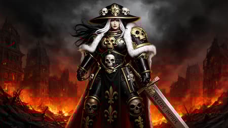Full body portrait of a formidable female Inquisitor from Warhammer 40k, standing amidst a devastated, burning city. She wears intricate black and gold power armor with skull motifs, fleur-de-lis, and a white fur-trimmed cape. Her long white and black hair flows from under a wide-brimmed hat adorned with skulls and religious symbols. She grips a massive sword inscribed with "INCENDIO IMPIUS". Digital painting, highly detailed, grimdark aesthetic. Dramatic lighting with strong fiery orange and red hues from the burning city contrasting with dark shadows and smoke. Ominous and intense mood.