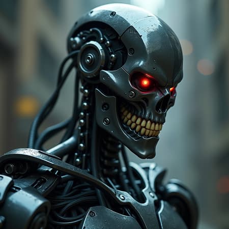 Portrait of a menacing cyborg Terminator, exuding an aura of malevolence, captured in a dynamic pose. Intricately detailed with an array of hidden elements, the image showcases a blend of futuristic and mechanical designs. Rendered in a hyper-realistic style with exceptional attention to detail, the scene boasts a high dynamic range, capturing the essence of lifelike realism. The composition is visually striking, revealing complex textures and fine nuances that invite closer examination, set within an elongated portrait orientation.
