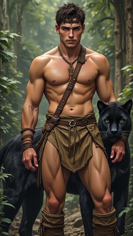 hypermasculine male, manly. Caucasian jungle man, dark brown hair short on sides longer on top. A brown leather band tied around the forehead. Tanned skin, smooth and hairless. Pale grey eyes with intense spiritual gaze. Strong brow and chiseled strong jaw, handsome, rugged looks. Soul patch on face. Tall, strong, muscular, sinewy, well defined, broad shoulders, broad chest, wide back. Olympian gymnast build/body. Gold necklace/talisman with leather strap around the neck. Wrapped brown leather bands around wrists, bands around tops of biceps, accenting big arms. Brown o-ring harness on the chest, strapped from the shoulder. Brown leather loincloth, barely covering  bulge in the groin area, exposing strong powerful legs. Soft, brown cloth knee-high boots wrapped around legs. Full body pose. He wields a unique bastard sword that he straps to his back. He keeps company with a huge, sleek black panther. ((MASTERPIECE))