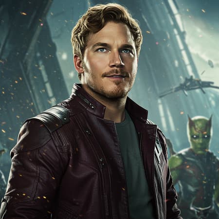 Star-Lord, the charismatic leader from Guardians of the Galaxy, portrayed in a stunning hyper-realistic epic portrait that captures his adventurous spirit with exceptional detail. Bathed in the soft glow of morning light, the scene is rich with cinematic color grading, bringing vibrancy and life to every feature. The shot, taken with the Canon EOS-1D X Mark III, captures the essence of a photorealistic painting, evoking the styles of James Jean and Jean-Honoré Fragonard. The 35mm cinematic composition draws the viewer into a captivating and intricate scene, showcasing Star-Lord in dynamic action, his expression full of determination and charm, against a backdrop of intergalactic mystery that emphasizes his legendary status.