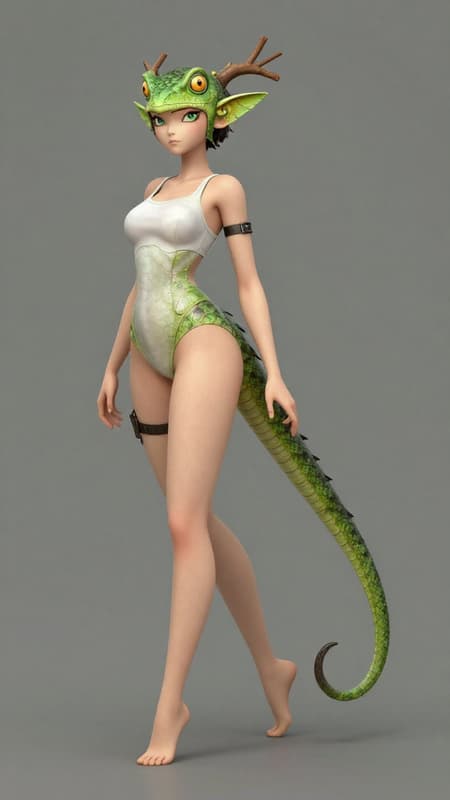 1girl, solo, Lizard tail, branch-like ears,