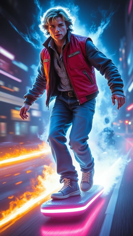 Marty McFly perfect realistic face, Movie poster for "Back to the Future 2049", in his iconic red vest, blue jeans, and Nike high-tops, rides a sleek neon-lit hoverboard like a skateboard, it is hovering 3 feet off the ground without wheels. capturing the speed and energy of a high-stakes chase scene, amplifying the dynamic action. realistic, max details, photorealistic detail and cinematic lighting.