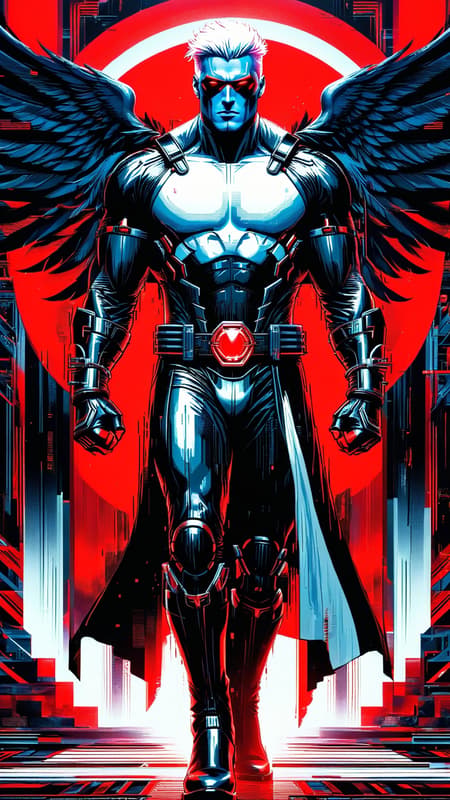 Sci-Fi, futuristic dysopia. Death Angel, futuristic assassin with futuristic tech.  Hypermasculine male. Very tall (6 ft 8), muscular, strong, sinewy, Olympic build, weightlifter. Broad chest, narrow waist, strong powerful legs. Pale, chalk-white skin, no color. Short white hair in a spiky fade, hair on top stands up. Handsome but very pale. Strong brow and jaw, thick white eyebrows, glowing red eyes. Intense gaze, threatening. White soul patch on face. Form fitting full black uniform with crimson red patterns on the chest, arms and legs. Uniform is shiny black material, full body coverage. Belt is futuristic tech with glowing red light in the center/buckle. Black gloves, black knee-high  boots with crimson red designs. Angel wings, predominantly black with dark red highlight feathers. Wings and feathers are metallic black and red. Full body pose, flying through lightning. 