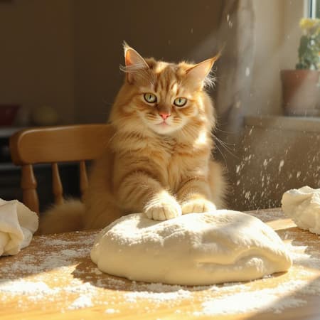 A fluffy ginger cat perched on a kitchen stool, its paws rhythmically pressing into a mound of flour-dusted dough on the table, sunlight streaming through the window highlighting a mischievous glint in its eyes. A fluffy ginger cat perched on a kitchen stool, its paws rhythmically pressing into a mound of flour-dusted dough on the table, sunlight streaming through the window highlighting a mischievous glint in its eyes.