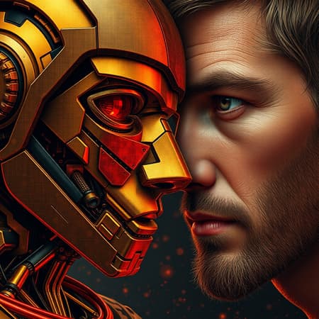 Robot Beta, Illusory Art Robot and men in version 2 beta, featuring intricate illusory wallpaper portraits presented in vibrant, colorful realism. The composition is modular, highlighting intense close-ups with a rich palette of dark gold and red. Rendered in ultra-high-definition, the scene reflects mosaic-inspired realism, showcasing intricate details and depth. The aspect ratio is 71:118, with a strong focus on texture and visual complexity, maintaining a balance between technological motif and human element.