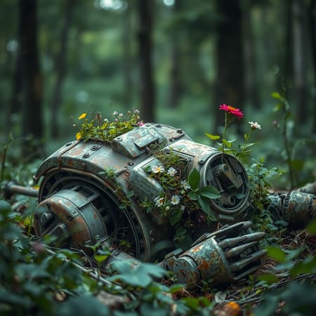 An ancient, corroded robot lies motionless amidst the lush forest, its metallic frame overtaken by nature as vibrant plants and delicate flowers burst through its weathered exterior. The scene is captured with striking depth of field and a soft bokeh effect, bringing an ultra-realistic focus to the juxtaposition of the mechanical relic and the thriving natural life it hosts. This captivating blend of decay and rebirth is portrayed with exquisite cinematography and hyper-detailed realism.