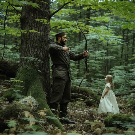 A lone hunter stands in the heart of a vibrant forest, his bow drawn and eyes fixed on an unseen target. He is fully visible, exuding a sense of quiet strength and determination. The lush greenery envelops him, creating a sense of harmony with his surroundings. Nearby, a young girl in a flowing dress watches with curiosity, her presence a gentle contrast to the hunter's commanding stance. The scene is filled with a serene symmetry, each element balanced perfectly in nature's tranquil embrace.