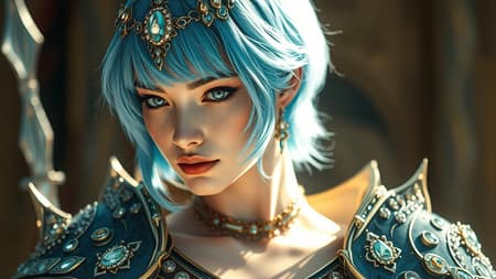 Majestic female warrior with short azure hair, adorned in glistening jewel-encrusted armor, inspired by the elegance of Alfons Mucha's style. Emphasizing the interplay of light and the glass-like transparency of her attire, captured with a high and short depth of field. Enhanced with ray tracing for ultimate realism, FHD, ultra-quality, evoking a sense of ethereal beauty within an elongated aspect ratio.