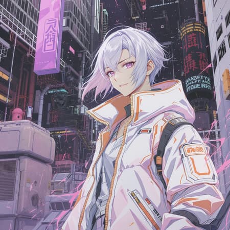Anime character wearing a sleek white and orange jacket, rendered in a cyberpunk style with a dark white and soft lavender color palette, showcasing precise brushwork and the essence of automatism. Official art quality, with lucid development of character and scene, featuring intricate detailing and elaborate design elements, capturing a futuristic and dynamic atmosphere.