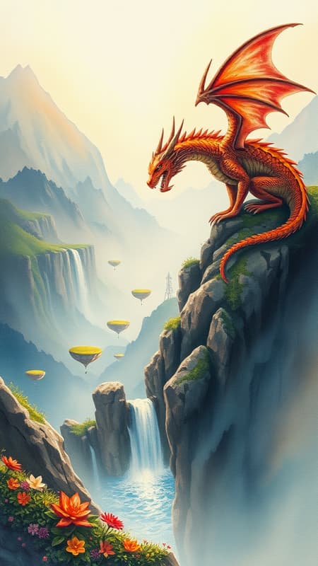 A regal Dragon rests on a rugged mountain peak, gazing over an enchanted valley where floating isles drift above cascades of shimmering water, all bathed in the gentle light of glowing flora, radiating an aura of timeless mystery and awe, captured in watercolor on textured canvas with an elongated vertical aspect, version 5.2, quality 2, style 1000.