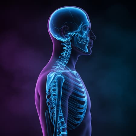 Futuristic surrealism portrait featuring a front side view of a man with transparent skin that reveals his skeletal structure, glowing with a neon-blue bioluminescent effect. The minimalist avant-garde attire enhances the scene, set against a dark ambient backdrop that heightens the sharp details of his bones. The surreal, sci-fi-infused background is enveloped in a deep fog, with cool futuristic violet lighting casting a soft illumination over the skeletal structure, accentuating the translucent textures. The cinematic lighting imbues the scene with a cyberpunk aesthetic, evoking an x-ray vision sense using futuristic materials that blend minimalism with realism.