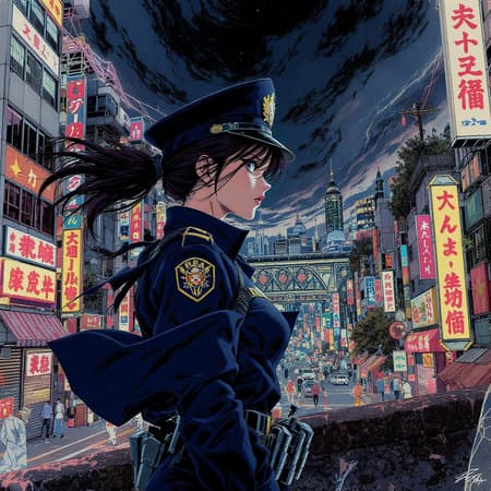 powerful female officer in a dystopian Japanese cityscape, gazing over the dark, clouded skyline, infused with the essence of a detailed manga aesthetic, intricate line work intertwining with cell shading characteristic of comic art, vibrant graphic novel style, digitally painted with a rich color palette, inspired by the artistic styles of Masamune Shirow and Hajime Shimomura, set against the backdrop of neon-lit streets and towering structures, evoking a sense of resilience and strength amidst chaos.