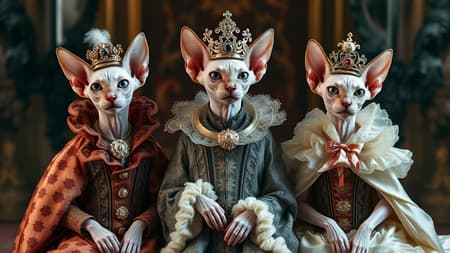 Three hairless sphinx cats posed elegantly, adorned in extravagant and whimsical costumes, reminiscent of Tim Walker’s dreamlike photography. Their attire blends Sacha Goldberger's unique flair for fantasy and historical reference, with a touch of Nicola Samori's dark, baroque artistry. The scene captures a whimsical yet sophisticated spectacle, where each cat carries a regal presence amidst a surreal, theatrical backdrop.