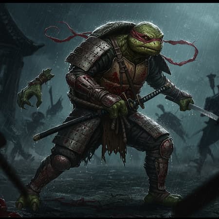 An epic and haunting dark fantasy illustration of a broken humanoid ninja turtle in battle, clad in intricate samurai armor. The scene is set in gloomy, rainy weather, capturing the brutal essence of a fierce combat. The image uses dark tones, drawing inspiration from the styles of Akira Toriyama, Milo Manara, and Russ Mills, featuring an oblique angle and incredible detail. The humanoid turtle exhibits signs of mutation and deformity, with a disfigured and mutilated appearance, incorporating bad anatomy and proportions, such as extra limbs and malformed features. The composition feels chaotic with elements like poorly drawn hands and face, blurred details, and dehydrated or gross proportions, enhancing the eerie and unforgettable aesthetic. Elements like long necks, missing or extra limbs, and disfigurement add to the uncanny vibe, while a sense of movement is captured with rain and dynamic lighting. The final artwork, rendered in 8k resolution, avoids digital artifacts, yet includes small imperfections like a cut-off scene or subtle watermark, preserving its raw, high-impact visual narrative.