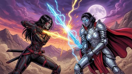 Dark Elf Warriors Clashing Energy Swords Two female dark elves, one in black and red ninja-like armor with a yellow energy sword, and the other in ornate silver paladin armor with a red cape and a blue energy sword, clashing blades. Both have long dark hair and piercing eyes, the ninja with red facial markings, the paladin with glowing blue eyes. Sparks and lightning erupt from their colliding weapons. The scene is a dramatic fantasy illustration under a vast, partly cloudy purple and orange twilight sky with a large, visible full moon. Rocky, desolate mountains form the background. Dynamic action pose, high detail, comic book art style.