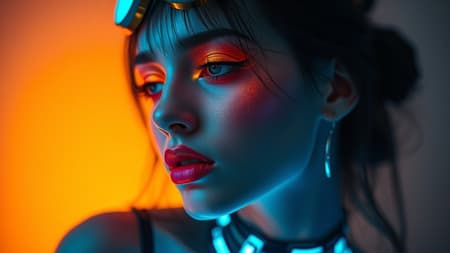 An enigmatic woman with luminous neon skin, her presence a blend of technological wonder and ethereal mystique, set against a palette of soft indigo and shimmering amber, contrasted with dark white and radiant turquoise. She embodies the essence of kimoicore and cybermystic steampunk, her beauty so striking it's almost beyond belief, crafted with the precision of an artist's touch.
