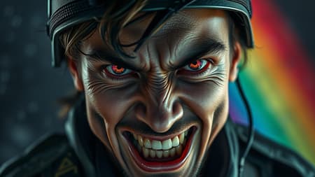 Technology, dark ambiance, furious expression, clear, intense eyes; disheveled yet striking, a blend of anger and allure. A sense of madness intertwined with beauty, smooth yet wild, eyes shimmering pink against a rainbow backdrop. Absurdity meets chaos, a soldier's grin juxtaposed with sloppy surprise, an embarrassment wrought in hyperrealistic detail. Ultra-realism captures an intricate dance, a stunning environment painted old by a raging storm. A photograph caught in distortion, faces and forms beyond ordinary, blurring boundaries with cloned features, bizarre proportions, mutated limbs keeping time with the madness, all enveloped in a mystifying, grim atmosphere.