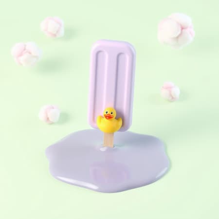 A whimsical 3D illustration of a lavender popsicle slowly melting into a shiny puddle on a pastel green background adorned with floating cotton candy clouds. The popsicle stick stands confidently upright, while a miniature rubber duck float rests playfully on the glossy liquid, enhancing the lighthearted summer atmosphere. The colors are bright and pure, maintaining a soft, smooth aesthetic with a sleek, minimalistic design. A whimsical 3D illustration of a lavender popsicle slowly melting into a shiny puddle on a pastel green background adorned with floating cotton candy clouds. The popsicle stick stands confidently upright, while a miniature rubber duck float rests playfully on the glossy liquid, enhancing the lighthearted summer atmosphere. The colors are bright and pure, maintaining a soft, smooth aesthetic with a sleek, minimalistic design.