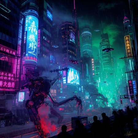 Dystopian World Where Artwork In a neon-lit dystopian world where humans and machines merge, society thrives as a collective of cybernetic beings. The skyline is dominated by towering skyscrapers, their steel and glass facades reflecting the vibrant hues of digital billboards. Streets buzz with activity as individuals flaunt cybernetic enhancements, seamlessly integrated into their biology. Artificial intelligence governs city systems, while underground factions rebel against technological domination. Amidst the chaos, a group of renegade hackers seeks to uncover the truth about humanity’s cybernetic evolution and reclaim the autonomy of their organic selves in a world teetering on the brink of becoming more machine than man.