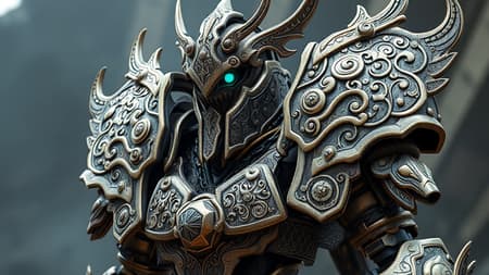 Robot Adorned Ornate Artwork A battle robot adorned in elaborately ornate armor, featuring intricate engravings and ultra-realistic textures, captured in 8k resolution with super-detailing and enhanced realism, rendered using Octane for stunning clarity and Unreal Engine 5 for unparalleled detail, with subtle creative enhancements to its design for a unique and captivating appearance.