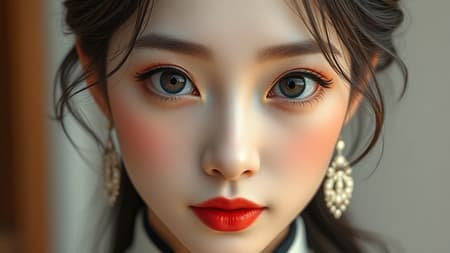 Beautiful Korean woman K-pop idol with symmetrical eyes, captured in 8k ultra highres hyperrealism, showcasing a beautifully detailed face and striking eyes in a high-detail color photo. This professional photo emphasizes ultra-high resolution with physics-based rendering, offering a high-contrast realistic image in 8k HD with detailed realism captured by a Nikon d850 with cinestill 800 settings. The jewelry complements the overall elegance, while buttons add subtle sophistication. CGI and 3D techniques bring a lifelike doll-like quality, yet maintain the charm of cartoon and anime influences. Illustrated through digital art and painting, the composition avoids low resolution or normal quality, showcasing flawless skin without blemishes or anatomical inaccuracies.