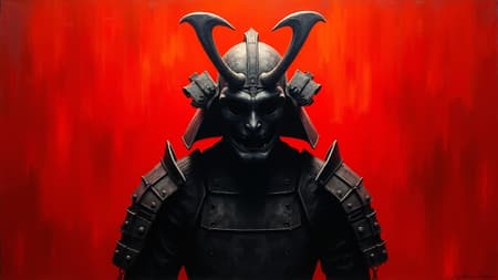 A shadowy, foreboding figure looms against an intense, fiery background, partially obscured by darkness. The figure is clad in armor reminiscent of ancient samurai, with interlocking plates visible on the shoulders and upper arms. Dominating the scene is a nightmarish mask adorned with twisted horns and hollow eyes, evoking an eerie, supernatural essence. The mask and armor, drenched in deep grays and blacks, form a stark contrast to the vivid red backdrop. The painting, likely utilizing acrylic or gouache on a textured surface, features noticeable brushstrokes, particularly in the dynamic red background. The dramatic interplay of light accentuates the crimson field, drawing focus to the figure's upper body, heightening the sense of menace and enigmatic allure.